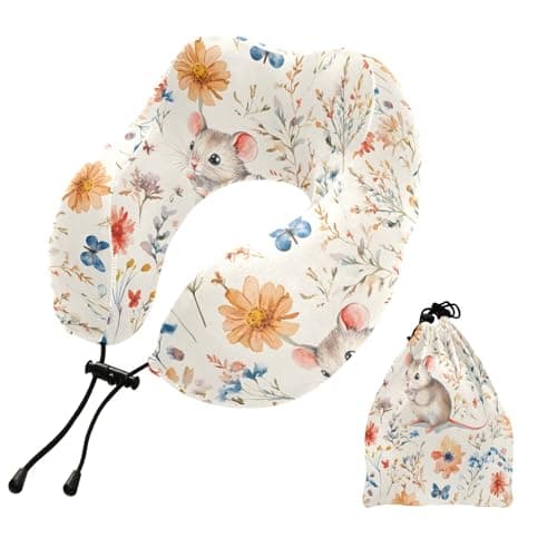 ALAZA Neck Travel Pillow for Sleeping Airplanes Memory Foam Portable Cute Mouse Flowers Soft Washable Cover Neck Support Pillows