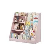 uiqopnu 4-Tier Bookshelf and Toy Storage Organizer, Multifunctional Wooden Bookcase with Display Stand and Storage Bin, for Playroom Bedroom Living Room (Pink)