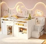 Bellemave Full Size Low loft Bed for Kids,Wood Loft Beds,Modern Farmhouse Full loft Bed,Loft Bed with Desk and Storage, No Box Spring Needed,for Kids, White and Natural