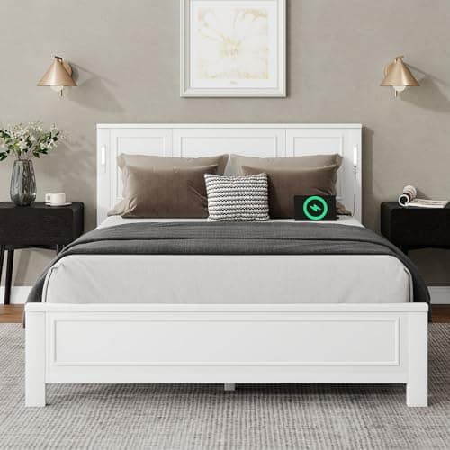Queen Size Bed with LED Lights & USB Charging - White Farmhouse Style