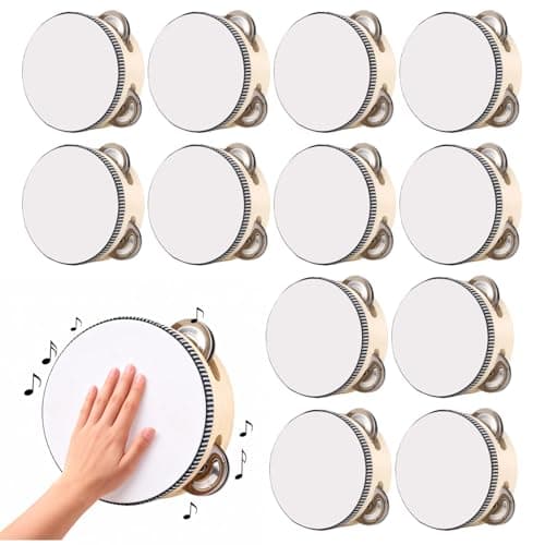 12 Pcs Tambourine Drums, 4 in Wedding Handheld Drums with Metal Jingles, White Wood Musical Instruments, DIY Blank Rhythm Instruments for Parties, Church Events, Games