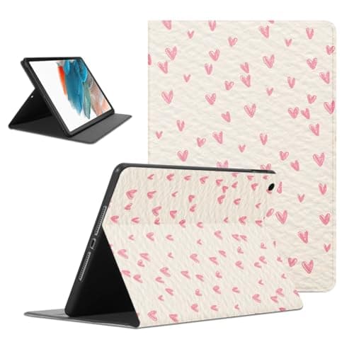 Heart Tablet Case for Samsung Galaxy Tab S6 Lite (P620) 10.4'', Cute Aesthetic Pick Love Pattern Cases for Boys Girls Women, Off-White Protective Cover Flip Leather PU Funda Adjustabl