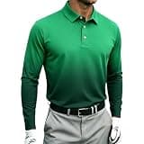 Mens Ombre Polo Shirt Long Sleeve Button Front Slim Fit Stretchy Blouses Soft Golf Business Athletic Pullover Tops Green
