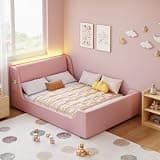 Glirun Twin Floor Bed, Velvet Twin Size Bed Frame with LED Wingback Headboard and Curve Design, No Box Spring Needed, Pink