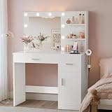 YESHOMY 35.4" Vanity Desk with Mirror & Lights, Power Outlet and 3 Storage Shelves, Makeup Vanity Table with Open Shelves for Bedroom Dressing Room, Modern White