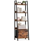 Furologee Ladder Shelf, 5 Tier Bookshelf with Fabric Drawer, Rustic Brown