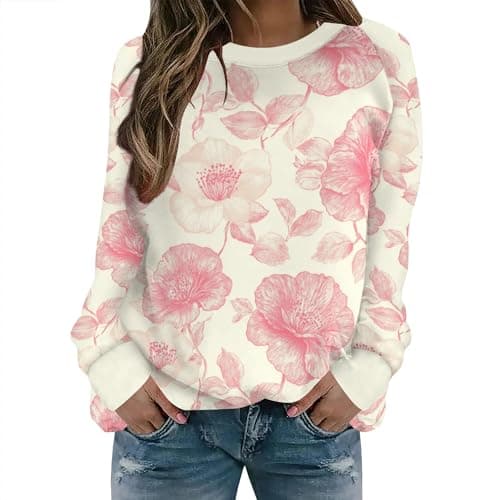 Valentines Sweatshirts for Women Cute Flower Graphic Long Sleeve Shirts Valentine's Day Holiday Party Pullover Blouse M