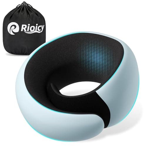 Rioicy Travel Neck Pillow, Memory Foam Airplane Pillow for Long Flights, Adjustable Neck & Chin Support to Help Keep Head Upright, Compact Travel Pillow for Plane, Car, Train & Home- Light Blue