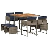 GHVBNMF 9-Piece Patio Dining Set, Gray PE Rattan Outdoor Furniture with Acacia Wood Tabletop, Space-Saving Foldable Garden Table and Chair Set with Cushions, Seating for 8 for Backyard Terrace Deck