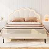 Garvee Full Size Bed Frame, Velvet Platform Bed Frame with Adjustable Seashell Headboard and LED Light, Under Bed Storage, No Box Spring Needed, White