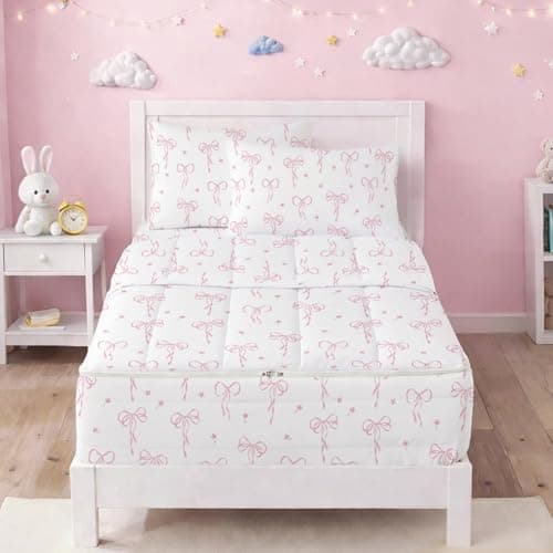 Bildenly Bow Zipper Bedding Twin for Girls, Bed in a Bag, Comforter Set White - Light Pink Bow Quilt with All-in-One Zipper Design, Cute Bow Quilt Set for Girls & Boys