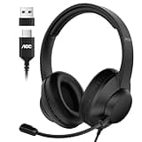 AOC USB Headset with Microphone for PC, Over-Ear Wired Headphones with Mic, Noise-Cancelling Boom, 40mm Audio Drivers, USB-A/C Compatibility for Office, Call Centers & Online Meetings (Black)