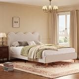 Garvee Full Size Upholstered Platform Bed Frame, Scalloped Wave Tall Headboard, Chenille Wingback Design, Wood Slat Support, No Box Spring Needed, Easy Assembly, Beige