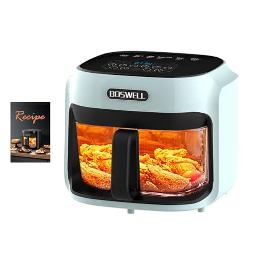 7.5 QT Glass Air Fryer, Transparent Fry Bowl, Circulating Heating & Temperature Control, Stainless Steel Interior, Dishwasher Safe, Green