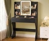 Vinabilia Small Vanity Desk with Mirror and Lights, Makeup Vanity with a Drawer, 2 Shelves and 3 Compartments, Makeup Table for Modern Bedroom/Dressing Room - Black