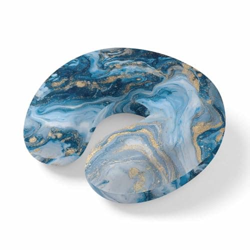 Retro Abstract Blue Marble Stone Travel Pillow,U Shaped Ergonomic Neck Pillows Modern Liquid Texture Memory Foam Portable Neck and Head Support Cushion for Airplane Car Home Office Sleeping