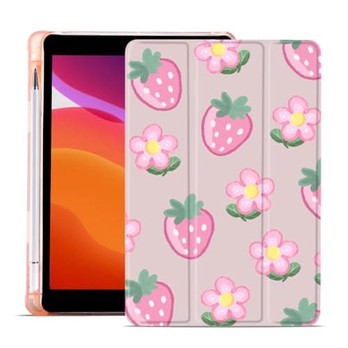 MAYCARI Pink Strawberry Flowers Case for iPad 10.2 inch,Cute Tablet Cover for iPad 9th/8th/7th Gen 2021/2020/2019 with Pencil Holder+Auto Sleep/Wake+Trifold Stand,Pink Leather Soft TPU Back Shell