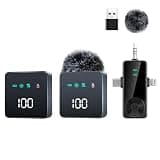 APOMOV 3 in 1 Wireless Microphone for iPhone/Android/Camera with Noise Cancellation, 2 Pcs 10 Hour Battery Life Mini Lavalier Mics for Podcast, Video, Recording, Vlogging, and Streaming