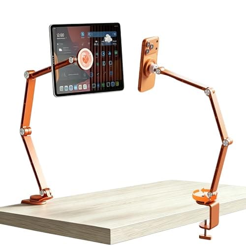 Hosann Century Magnetic Cell Phone Stand for Desk,360°Rotation Aluminum Tablet Holder,Hight Adjustable Foldable Phone Holder for 4-12.9" Devices Compatible with MagSafe/iPhone/Android/iPad (Orange)
