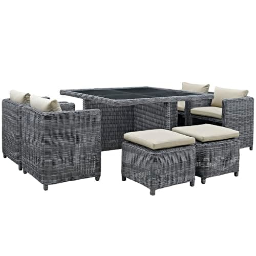 Oakestry Summon 9 Piece Outdoor Patio Sunbrella® Dining Set with Wicker Seating and Aluminum Frame