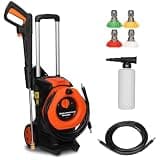 Electric High Pressure Washer 110.00V 203A 1400.00W, 3380 PSI 2GPM High Power Cleaner with 4-Nozzle Set & Foam Cannon, Portable Wheels & Telescopic Handle for Fence, Driveway, Cars - Orange