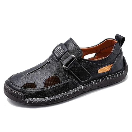 OXNGEOS Men’s Hand-Stitching Closed Toe Breathable Slip On Sandals Comfort Non-Slip Soft Sole Casual Fisherman Flat Sandals Durable Walking Loafers with Hook Loop (Black,12)