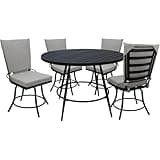 Pemberly Row 5-Piece Patio Dining Set, 42 in Round Table, Powder-Coated Black Frame, Removable Cushions, Machine Washable, All-Weather Fabric, Swivel Chairs, Outdoor/Indoor Dining Furniture