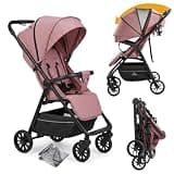Oubeauou Lightweight Stroller Foldable Compact 5kg, Five-Point Safety Belt, Double Universal Wheels, Front Wheel Shock Absorber, Toddler Stroller 1-5 Year Old (Pink)