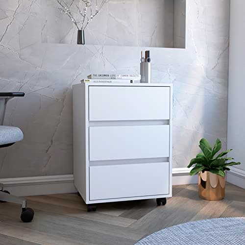 3-Drawer Rolling File Cabinet, Mobile Storage Cabinet with Lockable Casters, White Finish for Office and Home