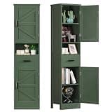 TEENFON 67" H Tall Bathroom Storage Cabinet with Barn Doors and Drawer, Narrow Bathroom Cabinet, Narrow Storage Unit, Adjustable Shelves, Floor Cabinets for Living Room, Forest Green