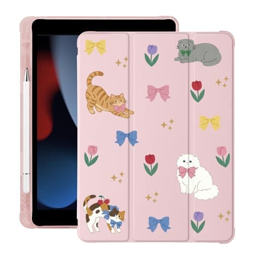 BlHMCASE Cute Kawaii Cat Kitten for iPad Air 11 Inch Case 7th/6th Generation (M3/M2) 2025/2024 with Pencil Holder, Auto Sleep/Wake, Pink Leather Soft TPU Back Cover