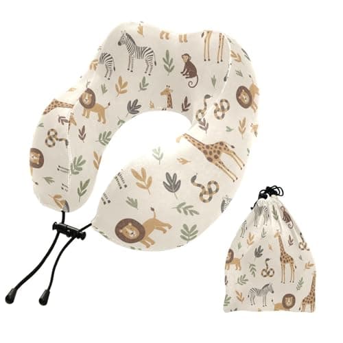 Zebras Lions Monkey Beige Pattern Travel Neck Pillow for Sleeping Airplane Memory Foam Neck Support Pillow with Storage Bag Adjustable Pillow for Long Flight Car Train Bus Home Office Adults Kids