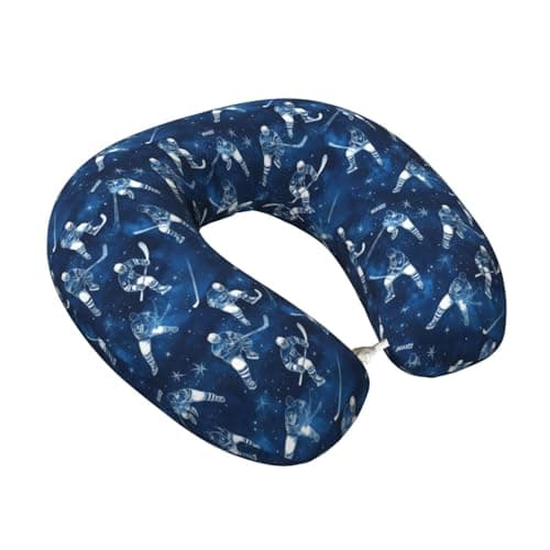 Nevjipu Memory Foam Travel Pillows for Airplanes - Blue Hockey Player Print Soft U Shaped Plane Neck Pillow for Sleeping for Traveling, Train, Napping, Car and Home, Washable