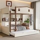 Bellemave Floor Bunk Bed Full Over Full with Trundle & Hooks, Solide Wood Bunk Beds Frame with Storage Shelves for Kids Teens, Beige+Natural