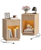 Akxomel Fluted Nightstand Set 2 Bedside Table with Charging Station Oak