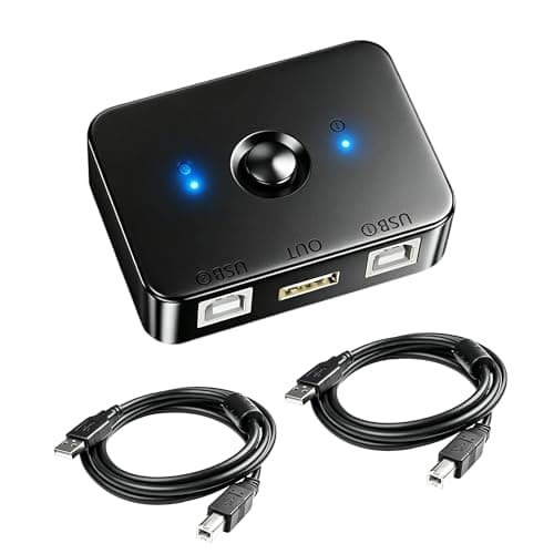 GIASYIEH USB 2.0 Printer Sharing Switch, 2-Port USB B Manual Selector for 2 Computers Share 1 Printer - LED Indicator, Bus-Powered, Includes 2× 1.5m USB A to B Cables