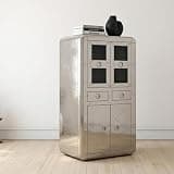 Aviator Aluminum Storage Cabinet – Riveted Metal Tall Bar Cabinet with Glass Display Doors & Drawers for Home Bar, Restaurant - Modern Industrial Furniture