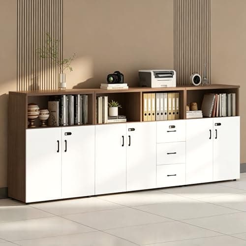 HSHBDDM File Cabinet with Password Lock, Wood Lateral Filing Cabinet for Letter/A4 Files, 3 Drawer with Door, Printer Stand with Open Shelves for Home Office
