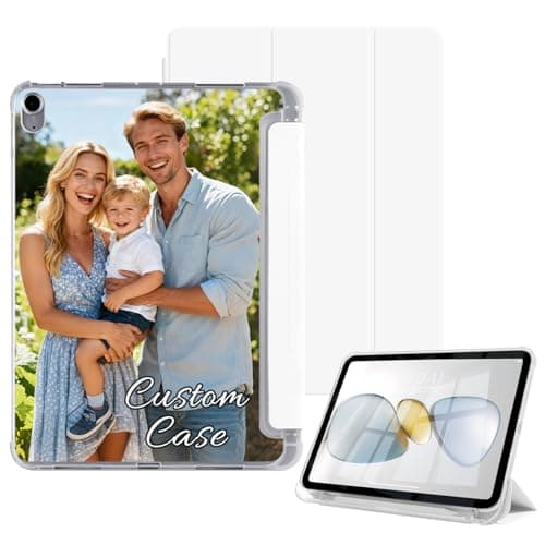 Custom Case for iPad (A16) 11th Gen 11 Inch 2025 with Pencil Holder Slim Stand Flip Folio Protective Cover Personalized Photo Logo Text Shell Smart Auto Wake/Sleep Soft TPU Clear Back, White