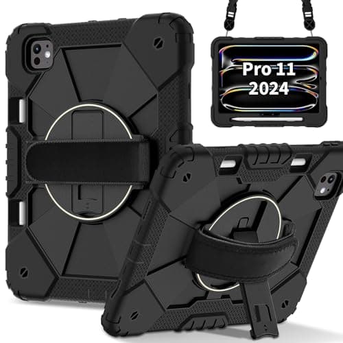 DXVTRKJM Case for iPad Pro 11-Inch M5/M4 2025/2024 (6th/5th Generation),360° Rotating Stand Hand/Shoulder Strap &Shockproof Silicone and Hard PC. (Black+Black)