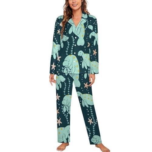 ZEYARUIBO Green Manatee Women'S Long-Sleeved Two Piece Fall Winter Casual Button Pajama Set XL
