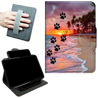 RWUTYTIUL Rotating Handle Case for Amazon Fire HD 10 9th/7th Gen, 2019/2017 10.1" Tablet, 360 Degree Swivel Kickstand with Magnetic Closure, Shockproof Leather Protective Cover, Dog Paw Print Beach