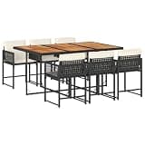 mtlskopl 7-Piece Patio Dining Set with Cushions, Space Saving Black Poly Rattan Garden Furniture Cube Set with Solid Acacia Wood Table and 6 Foldable High-Back Chairs for Backyard Deck
