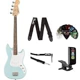 Fender Squier Sonic Bronco Bass Guitar, Daphne Blue, Laurel Fingerboard Bundle with Fender Classic Celluloid Guitar Picks, Guitar Strap, Original Tuner and Professional Series Instrument Cable