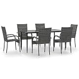 Makastle 7 Piece Patio Dining Set, Gray PE Rattan with Tempered Glass Table, 63 x 31.5 x 29.1 Inches, Rectangular, Assembly Required