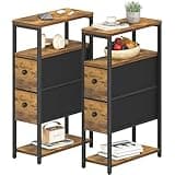 KLUVIS Narrow Nightstands Set 2 - Skinny Side Table Slim Night Stand for Small Space Bedroom Thin Bedsides Tables with 2 Drawers, Farmhouse Brown
