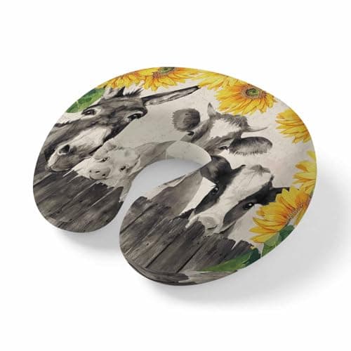 ZFUNCING Travel Pillows U-Shaped Neck Pillow Retro Farm Donkeys Cows Ergonomic Memory Foam Pillow Head Cushion,Sunflowers on Linen Soft Portable Neck Pillows for Office Airplane Car Train