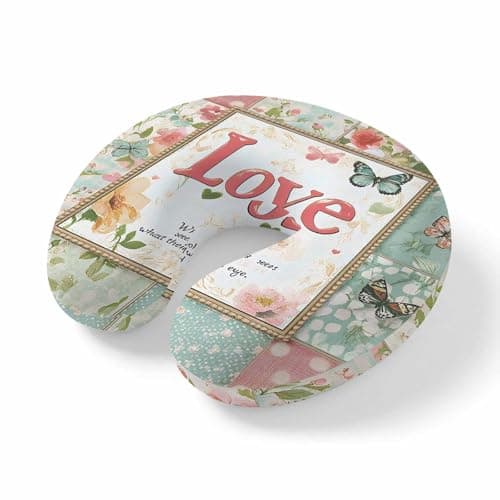 LXCPBNQT Neck Pillow Spring Floral Butterfly Washable Memory Foam Pillow for Airplane Office Car Sleeping, Love QuoteRetro Stitching Pattern Travel Pillows U Shaped Stretch Neck Support Pillows