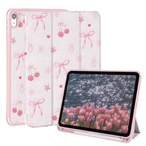 Rvciby iPad 10.9 Inch Case for iPad iPad (A16) 11/10th Generation 2025/2022,Pink cute case with Pencil Holder,Tri-fold Stand Protective Cover w/Auto Sleep Wake for iPad Case 10.9 Inch,Cherry Bow