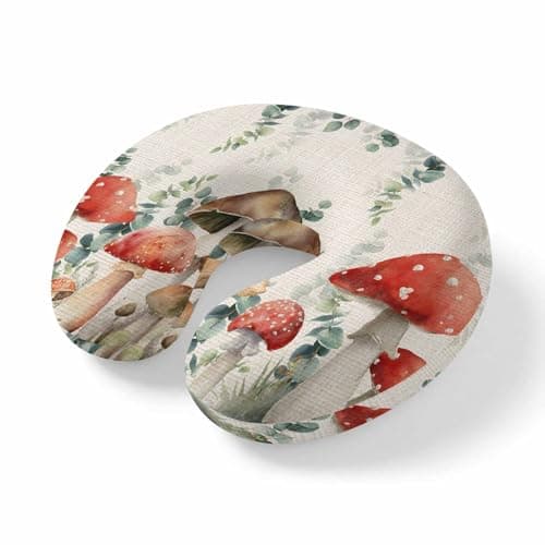 Travel Pillows U-Shaped Neck Pillow Farmhouse Mushroom Eucalyptus Leaf Ergonomic Memory Foam Pillow Head Cushion,Country Plant Linen Texture Soft Portable Neck Pillows for Office Airplane Car Train